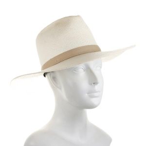 Janessa Leone straw hat with suede band and gold-tone hardware. M